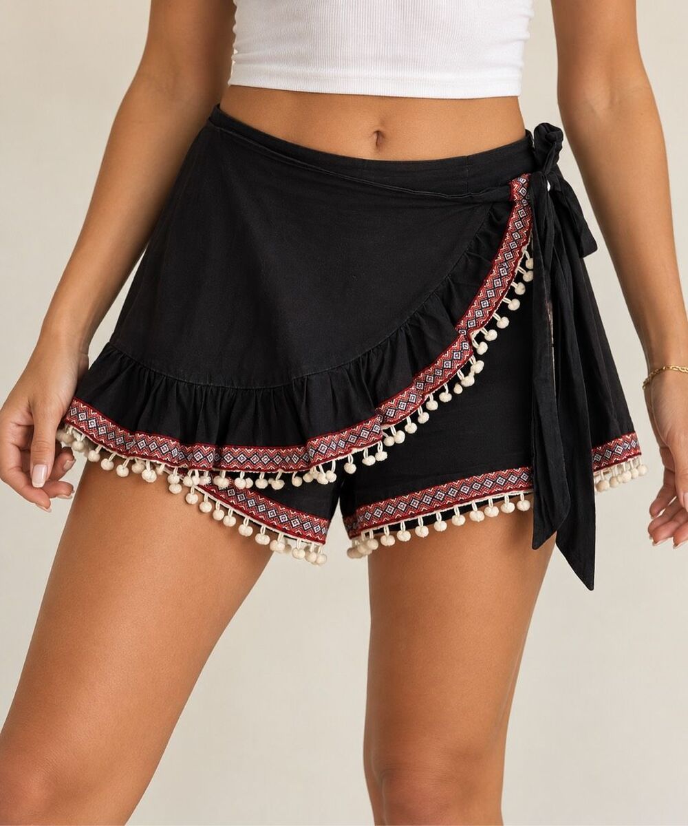 TOBI Large Black Boho Wrap Skort Pom Pom Tassel Festival Shorts